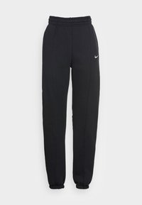 Black sweatpants made of soft fabric, featuring a comfortable elastic waistband, tapered cuffs, and a small white Nike logo on the front.