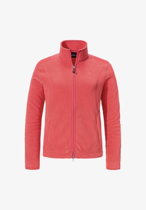 Fleecejacke in leuchtendem Koralle, mit hohem Kragen, durchgehendem Reißverschluss, zwei seitlichen Taschen und dezenten Nähdetails.