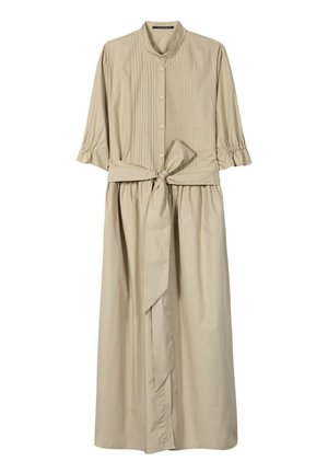 Beiges Midikleid mit Biesen vorne, Knopfleiste, dreiviertel langen, gerafften Ärmeln und einem gebundenen Taillengürtel.