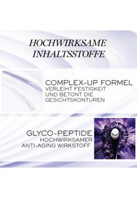Hochwirksame Inhaltsstoffe: Complex-Up-Formel für Festigkeit und Gesichtskontur, Glykopeptide als Anti-Aging-Wirkstoffe mit abstraktem Hintergrund.