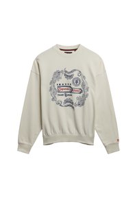 Crème sweatshirt met lange mouwen, ronde hals; beschikt over een ingewikkeld blauw grafisch ontwerp met bloemen- en draak-elementen, rode logo.