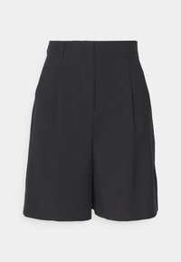 Schwarze, hoch sitzende maßgeschneiderte Shorts mit Gürtelschlaufen, vorderen Falten und einem sauberen, minimalen Design.