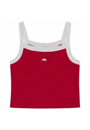 Top corto rojo con ribete blanco en el escote y las tiras, con un pequeño logo blanco en forma de semicírculo en el centro.
