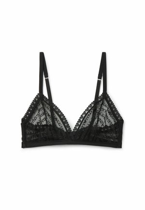 Bralette triangle noir en dentelle transparente avec des bords festonnés, dotée de bretelles ajustables et d'un motif imprimé sur l'ensemble.
