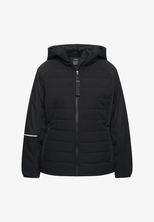 Czarna kapturowa kurtka z ocieplonym wykończeniem, z centralnym zamkiem błyskawicznym, bocznymi kieszeniami, akcentami na ramionach oraz odblaskowymi detalami na rękawach.