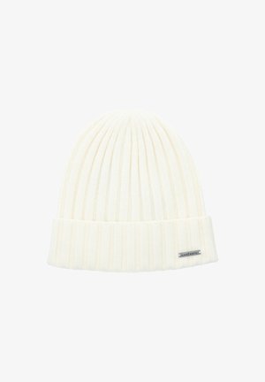 Czapka beanie dziana w kolorze off-white. Posiada ribbowany wzór, podwinięty mankiet oraz małą metalową metkę z logo. Miękki, teksturowany materiał.
