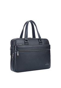 Malette en cuir noire avec doubles poignées supérieures, deux compartiments zippés, surface texturée et détail de logo sur le côté.