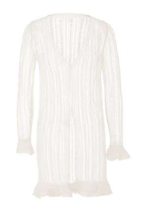 Weißer Strickcardigan mit tiefem V-Ausschnitt, vertikalen Streifen und gerafften Bündchen. Leichter, texturierter Stoff, offenem Design, knielang.