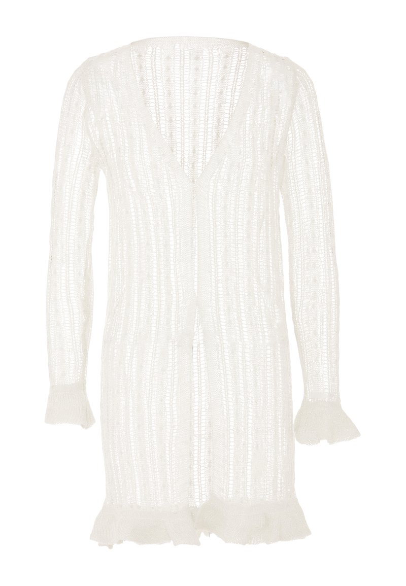 Weißer Strickcardigan mit tiefem V-Ausschnitt, vertikalen Streifen und gerafften Bündchen. Leichter, texturierter Stoff, offenem Design, knielang.