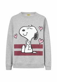 Grauer Sweatshirt mit einer Grafik von einem sitzenden Snoopy mit geschlossenen Augen, umgeben von rosa Herzen und horizontalen kastanienbraunen Streifen.