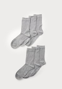 Gray cotton socks, six pairs, ankle-length, soft texture, plain design, minimalistic with ribbed cuffs and reinforced toe and heel.