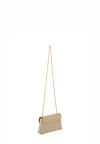 Beige skuldertaske med cirkulære hvide detaljer, struktureret form og en gylden kædetrøje. Glat tekstur, dekorative elementer forbedrer designet.