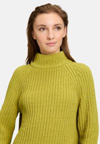 Strickpullover in strahlendem Olivgrün, mit hohem Kragen, strukturiertem Rippenmuster und lässiger Passform, ideal für das Schichten in kühlerem Wetter.