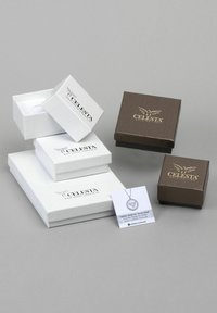 Scatole per gioielli bianche e marroni con testo dorato, impilate e disposte. Include una ricevuta e un pendente circolare in argento.