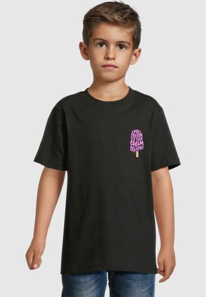 Black cotton T-shirt featuring a colorful ice cream graphic with the text “Season is Ice Cream Season” on the left chest area.