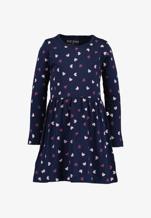 Marineblaues Kleid mit langen Ärmeln, rosa und roten Herzmustern, geraffter Taille und Rundhalsausschnitt, Größe 98 für kleine Kinder.