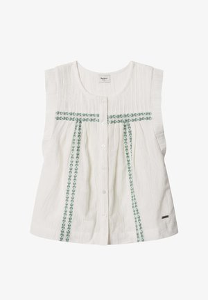 Balta bezroku blūze ar pogām priekšpusē un zaļiem ziedu izšuvumiem vertikālās un horizontālās līnijās pār krūtīm un priekšpusi.