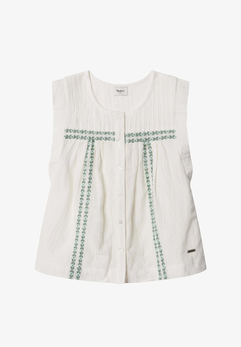 Baltas rankovių palaidinė su priekinėmis sagomis ir žaliomis gėlių siuvinėtomis vertikaliomis bei horizontaliomis linijomis per krūtinę ir priekyje.