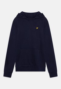 Mörkblå hoodie med dragsko i huvan, framficka i kängurustil, ribbade ärmslut och en liten gul logotyp på vänster bröst. Mjuk tygstruktur.