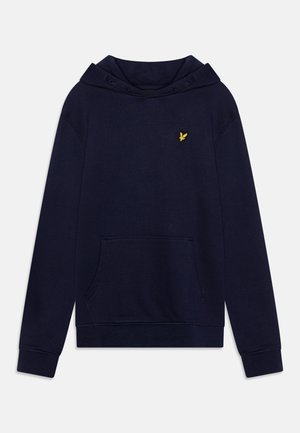 Navyblauer Hoodie mit einer Kordelzugkapuze, Front-Kängurutasche, gerippten Bündchen und einem kleinen gelben Logo auf der linken Brust. Weiche Stoffstruktur.