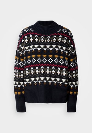 Knitted navy sweater featuring a Fair Isle pattern in white, red, olive, and yellow, with a ribbed collar and hem, medium thickness.
