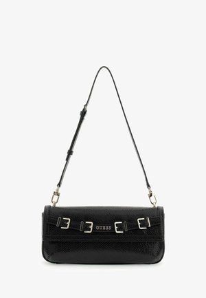 Sac bandoulière texturé noir avec sangle ajustable, boucles argentées et logo "GUESS" centré sur le rabat avant.