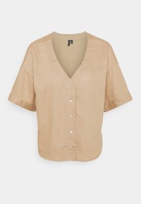 Blusa de manga corta y escote en V en lino color beige claro, con cierre de botones en el frente y botones iridiscentes, y un corte relajado.