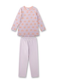 Hellblaues Langarm-Pyjama-Oberteil mit orangefarbenen Tiermotiven und passender einfarbiger Hose. Das Oberteil hat einen runden Halsausschnitt und Bündchen an den Ärmeln.