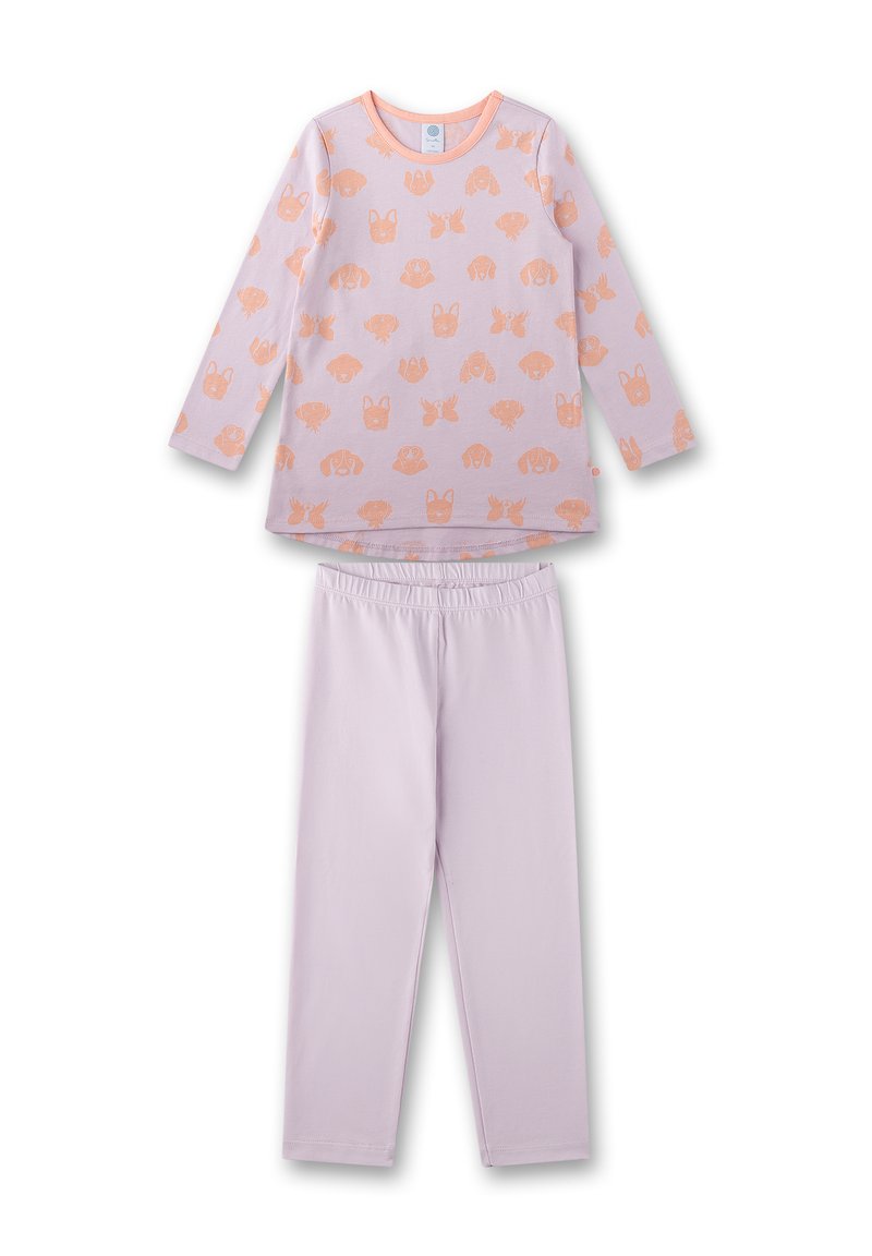 Hellblaues Langarm-Pyjama-Oberteil mit orangefarbenen Tiermotiven und passender einfarbiger Hose. Das Oberteil hat einen runden Halsausschnitt und Bündchen an den Ärmeln.
