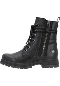 Bottine en cuir noir avec une finition texturée, lacets à l'avant, détail de fermeture éclair sur le côté et semelle en caoutchouc avec des rainures. Accents en métal argenté.