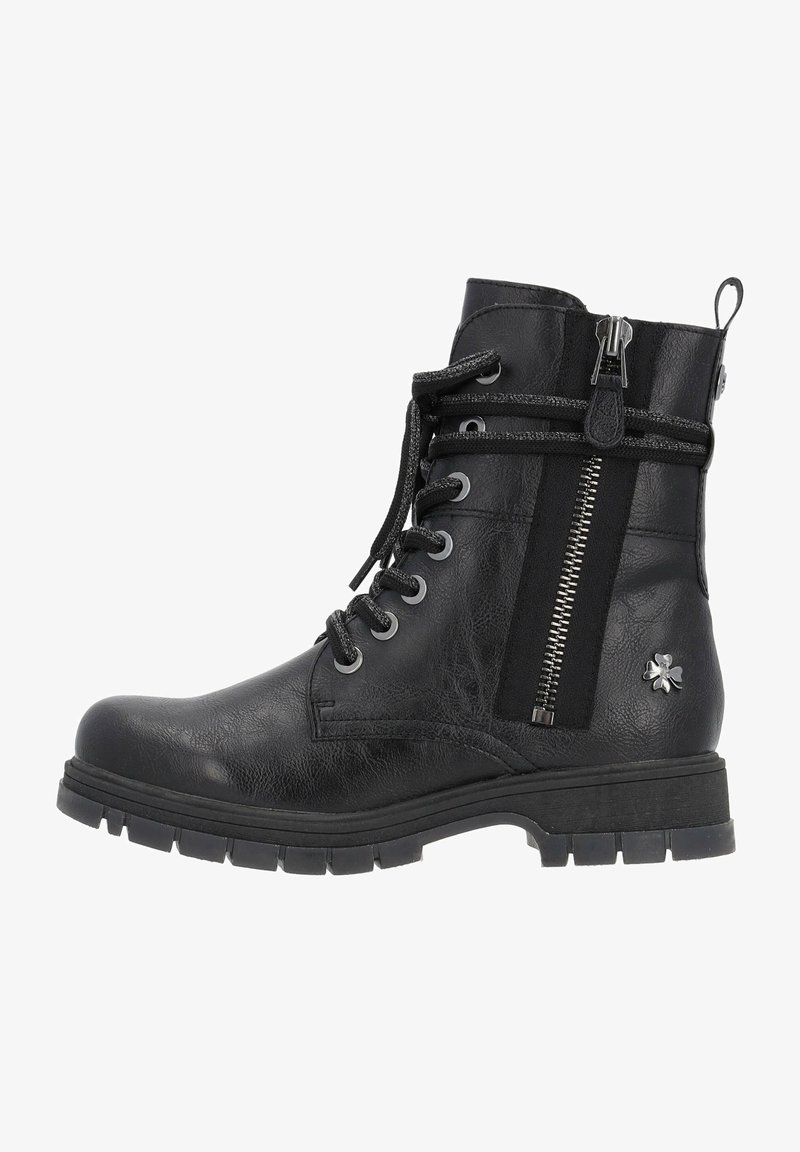 Black leather ankle boot with a textured finish, lace-up front, side zipper detail, and rubber sole with ridges. Silver hardware accent.