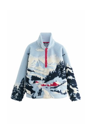Light blue fleece pullover with a half-zip collar. Features textured embroidered mountain and forest landscape in off-white, navy, and red accents.