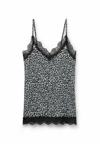 Leopardenmuster-Camisole in Grautönen, mit schwarzem Spitzenbesatz am Halsausschnitt und dem Saum. Dünne verstellbare Träger. Weicher Stoff.