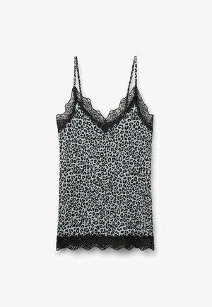 Camisolka z nadrukiem w panterkę w odcieniach szarości, z czarną koronką wokół dekoltu i u dołu. Cienkie, regulowane ramiączka. Miękka struktura materiału.