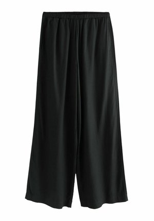 Zwarte wijdvallende broek met elastische tailleband, gemaakt van lichtgewicht stof, met zijzakken en een losse, comfortabele pasvorm.