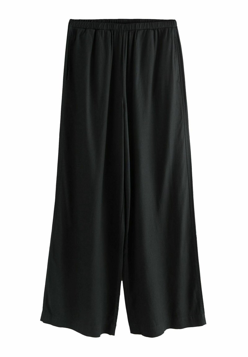 Pantalon noir à jambes larges avec ceinture élastique en tissu léger, avec poches latérales et une coupe ample et confortable.