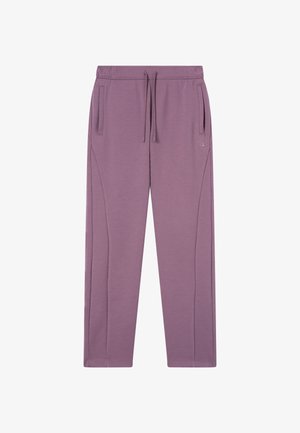 Purple athletic pants made of soft fabric, featuring an elastic waistband with drawstring, side pockets, and a slim fit design.