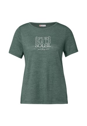 Grøn, kortærmet T-shirt i et blødt, struktureret stof med hvidt trykt tekst i to stilarter, centreret foran.