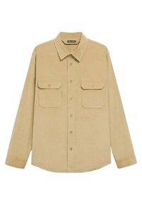 Beige fløjlsskjorte med lange ærmer, knaplukning foran, to knap-lukket brystlommer og klassisk krave.