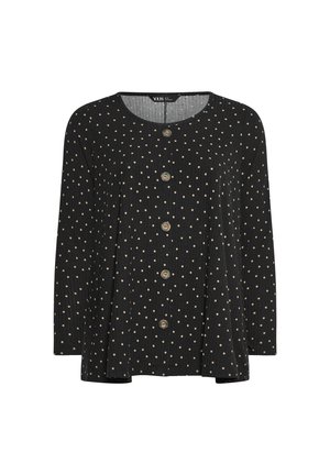 Blusa negra de botones con lunares beiges. Presenta un cuello redondo, mangas tres cuartos y una tela texturizada con rayas verticales.