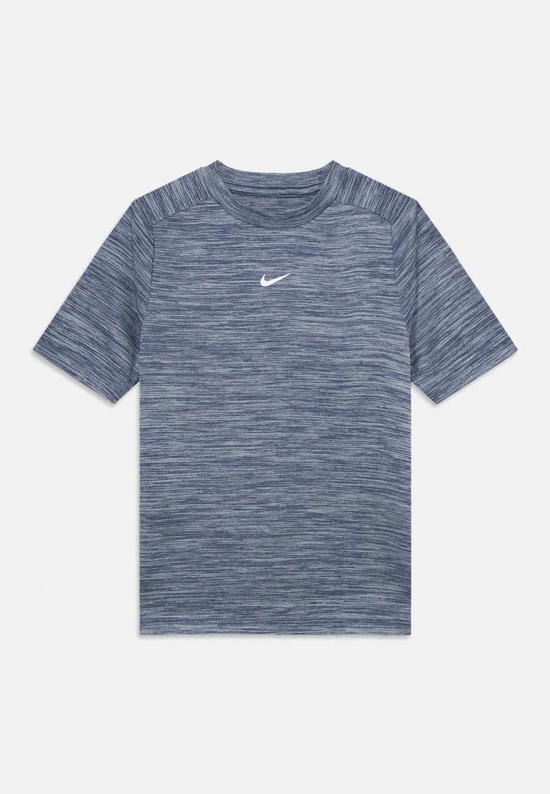 Camisola atlética de manga curta azul mesclada com decote redondo e o logótipo da Nike, em branco, centrado no peito.
