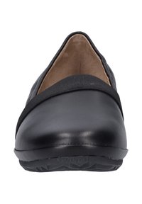 Black flat shoe with a rounded toe, leather upper, and elasticized band. Textured rubber sole with a geometric tread pattern.