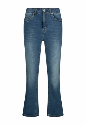 Jeans di denim blu con chiusura frontale a bottone e cerniera, cinque tasche, leggero sbiadimento sulle cosce e gamba svasata.