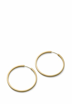 Pair of smooth, thin gold hoop earrings with simple latch back closures on white background.