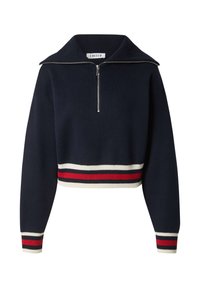 Marineblauer Strickpullover mit weitem Kragen, Reißverschluss und kürzerem Schnitt. Mit gestreiften Akzenten in Rot und Weiß am Saum und an den Bündchen.