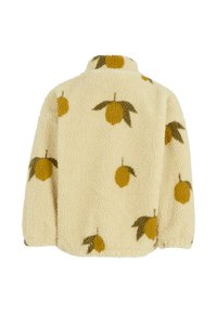 Giacca in pile color crema con un motivo di limoni e foglie, colletto alto e texture morbida. Adatta per un abbigliamento casual.