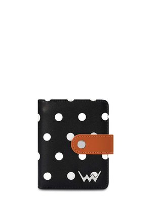Black wallet with large white polka dots, featuring a brown strap and metallic snap closure. Includes a silver logo accent on the bottom.