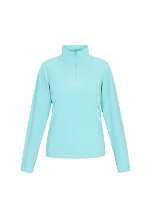 Lys blå fleece pullover med en lynlåsekrave, lange ærmer og en glat tekstur; har et simpelt, ensfarvet design uden mønstre.