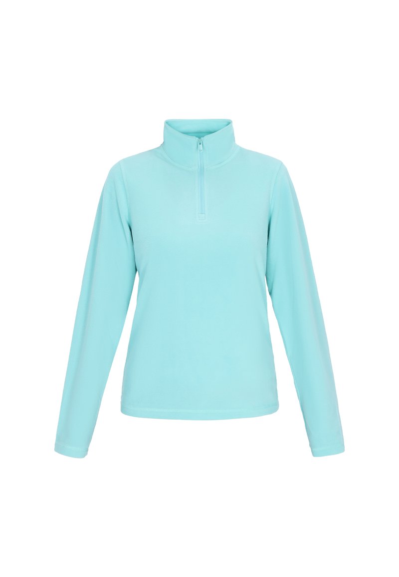 Pullover in fleece azzurro chiaro con colletto con zip, maniche lunghe e una texture liscia; presenta un design semplice e uniforme senza motivi.