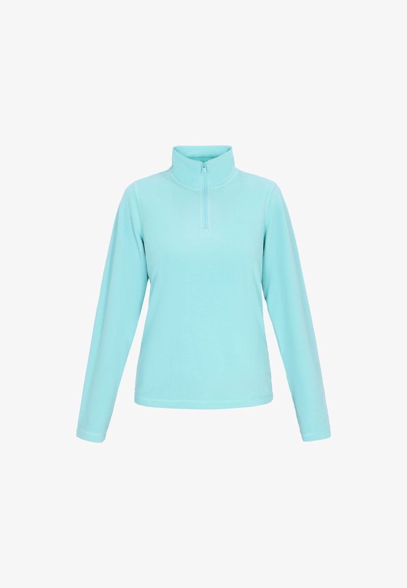 Pullover in fleece azzurro chiaro con colletto con zip, maniche lunghe e una texture liscia; presenta un design semplice e uniforme senza motivi.